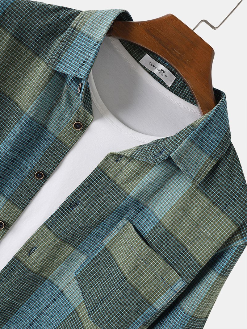 Herre 100% Bomuld Farverige Plaid Langærmede Pocket Casual Skjorter