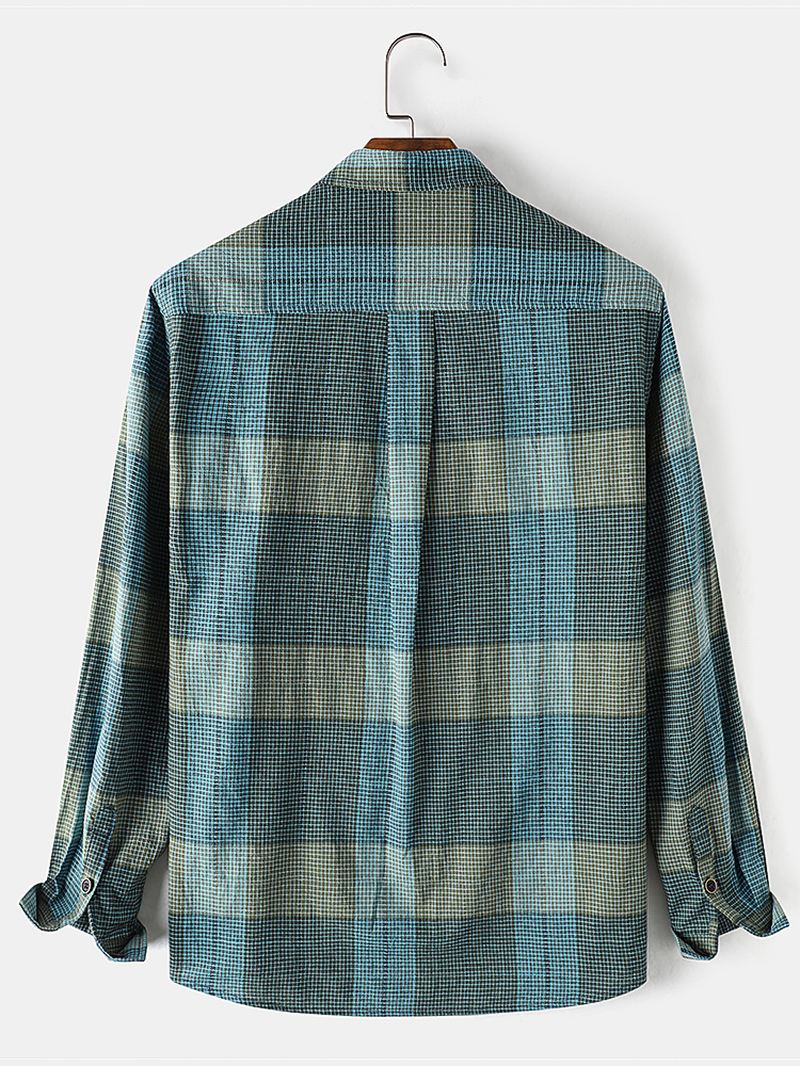 Herre 100% Bomuld Farverige Plaid Langærmede Pocket Casual Skjorter