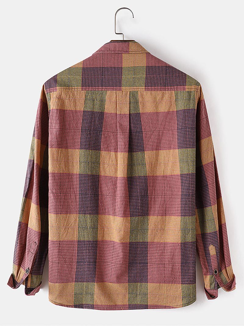 Herre 100% Bomuld Farverige Plaid Langærmede Pocket Casual Skjorter