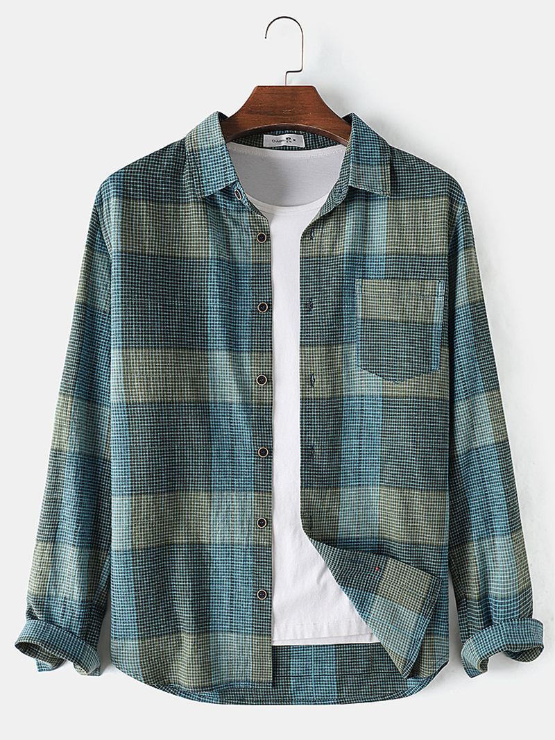 Herre 100% Bomuld Farverige Plaid Langærmede Pocket Casual Skjorter