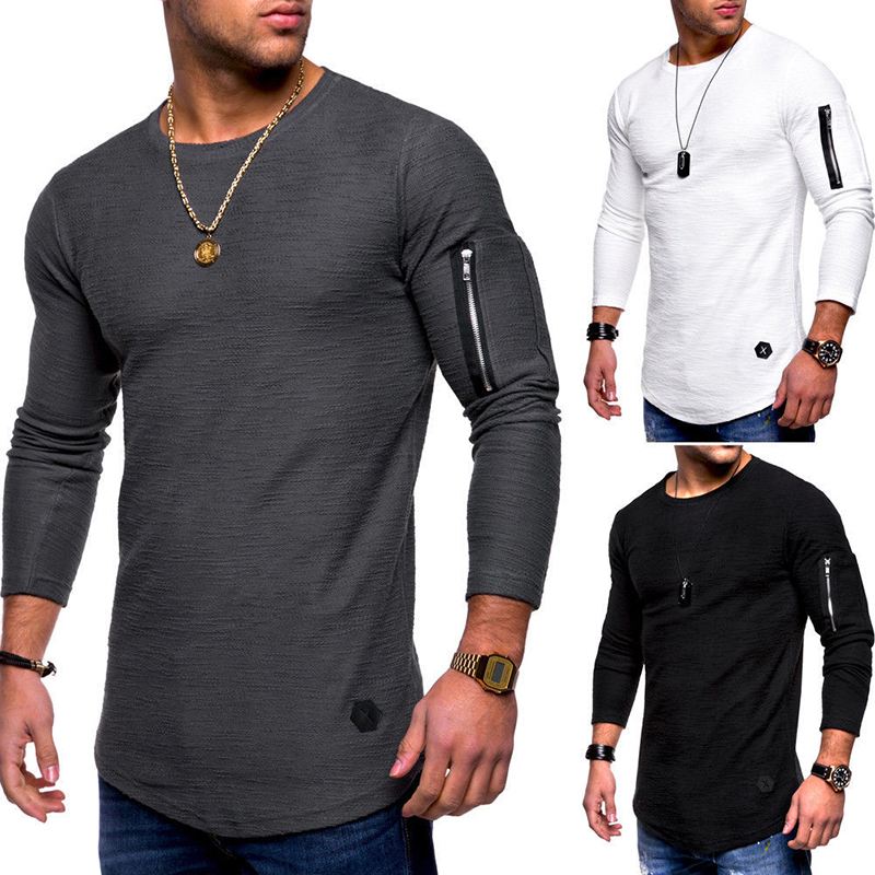 Herre Åndbar Ensfarvet Uregelmæssig Søm Lynlås O-hals Langærmede Slim Casual T-shirts