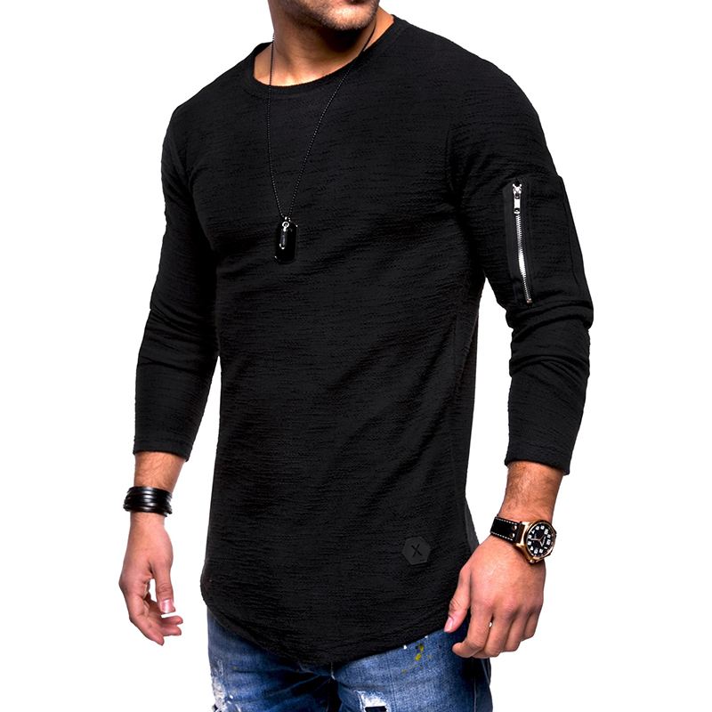 Herre Åndbar Ensfarvet Uregelmæssig Søm Lynlås O-hals Langærmede Slim Casual T-shirts