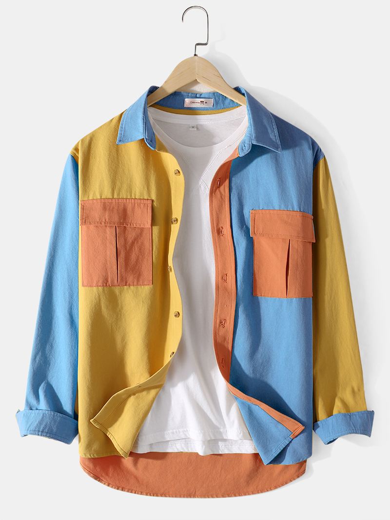 Herre Bomuld Colorblock Patchwork Cargo Style Skjorter Med Klaplommer