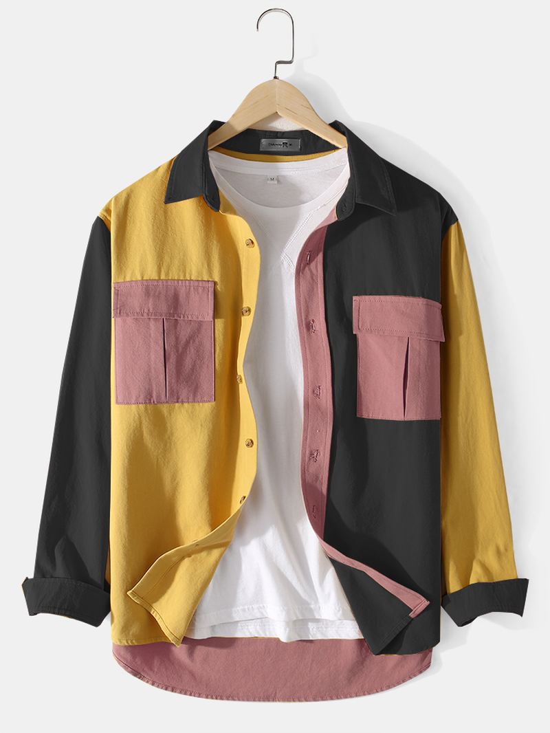 Herre Bomuld Colorblock Patchwork Cargo Style Skjorter Med Klaplommer