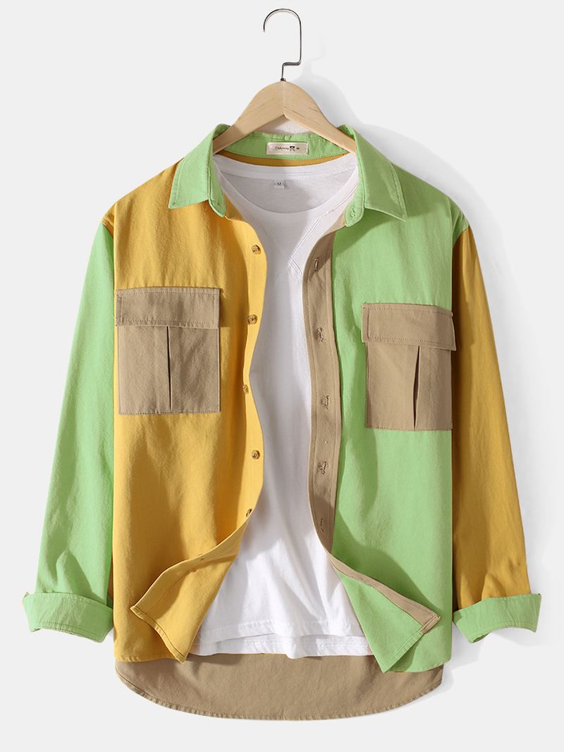 Herre Bomuld Colorblock Patchwork Cargo Style Skjorter Med Klaplommer