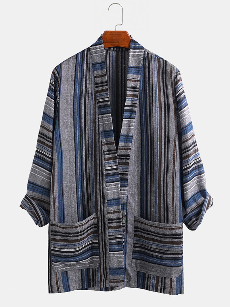 Herre Bomuld Vintage Stripe Kimono Cardiganskjorter Med Dobbelt Lomme