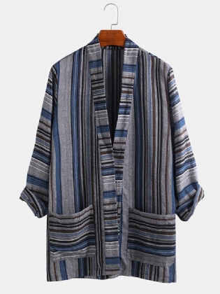 Herre Bomuld Vintage Stripe Kimono Cardiganskjorter Med Dobbelt Lomme