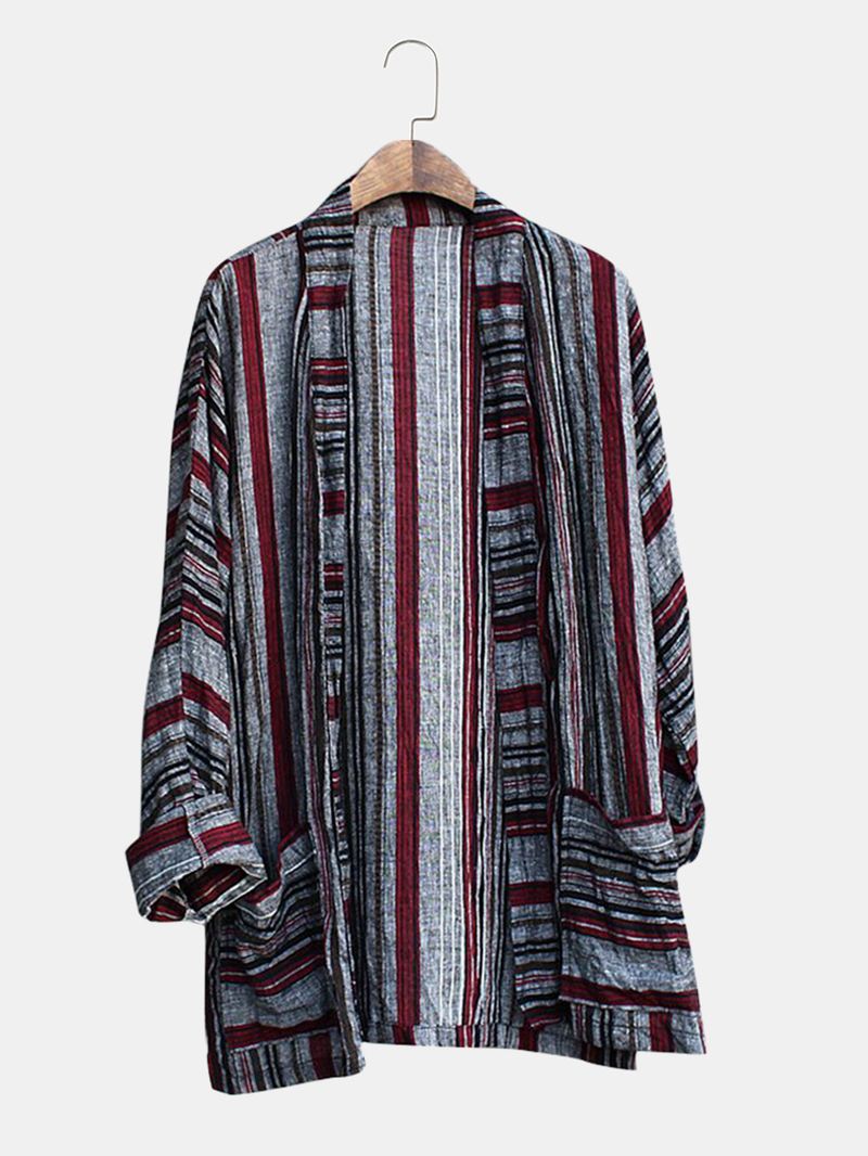 Herre Bomuld Vintage Stripe Kimono Cardiganskjorter Med Dobbelt Lomme