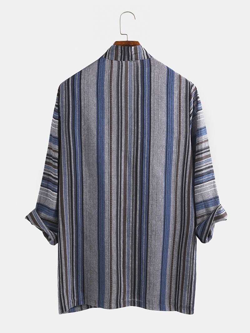 Herre Bomuld Vintage Stripe Kimono Cardiganskjorter Med Dobbelt Lomme