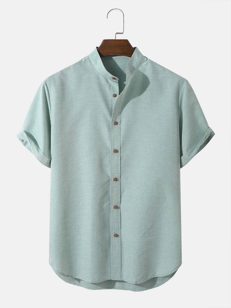 Herre Casual Ensfarvede Grandad Collar Button Up Skjorter