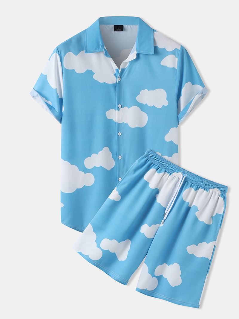 Herre Cloud Pattern Two Pieces Outfits Casual Shirts Shorts