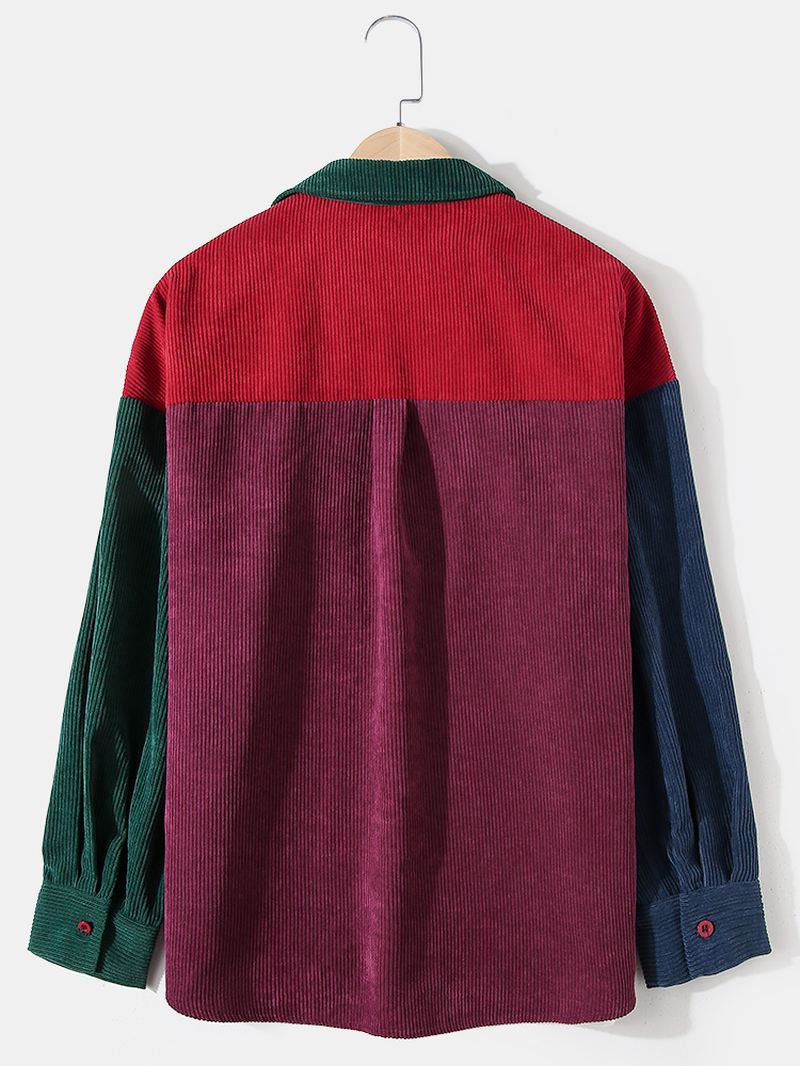 Herre Corduroy Colorblock Stitching Drop Shoulder Casual Skjorter