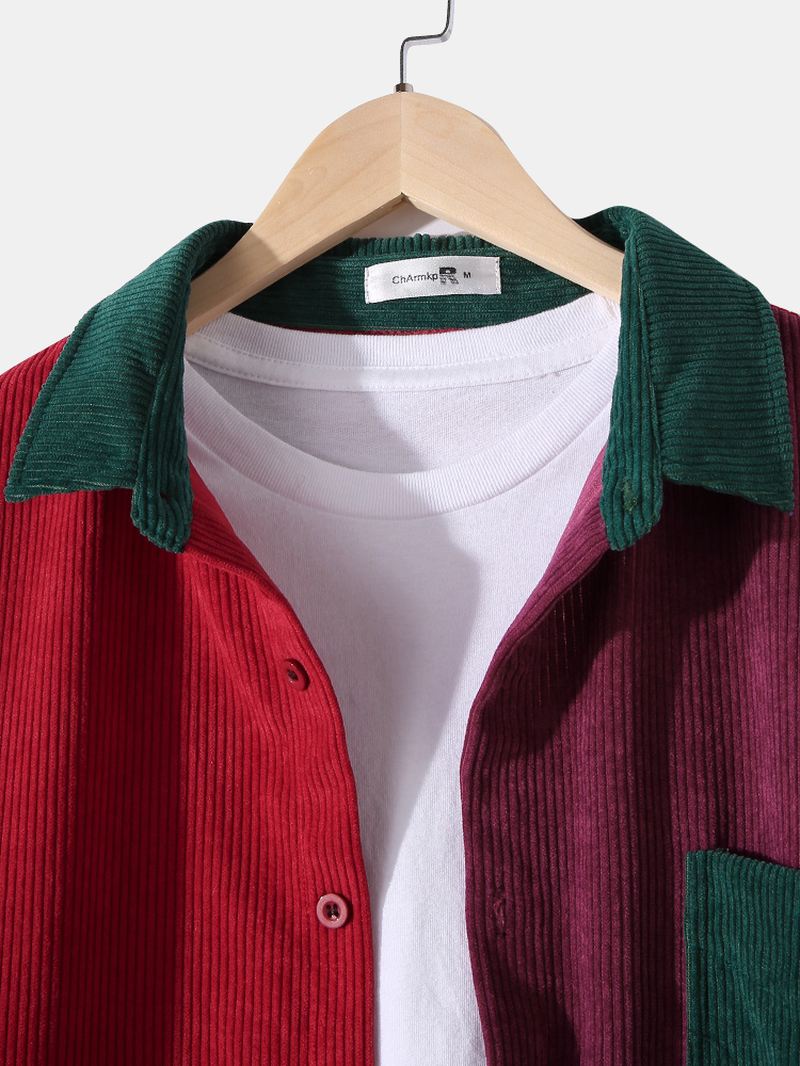 Herre Corduroy Colorblock Stitching Drop Shoulder Casual Skjorter