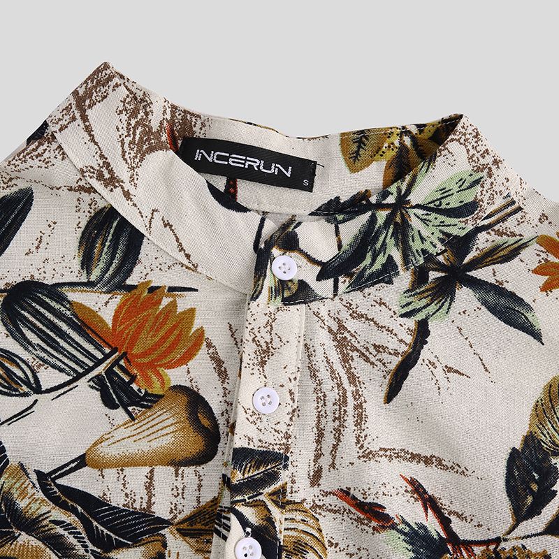 Herre Cottonn Tropical Leaves Printt Kortærmede Orientalske Henley Skjorter