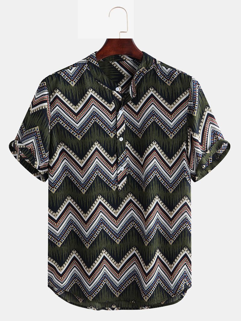 Herre Etnisk Chevron Trykt Kortærmet Casual Løse Henley Shirts Skjorter