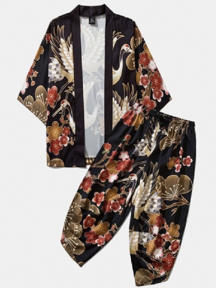 Herre Japansk Kimono Crane Blomster Med Tryk Åben Front & Bukser Co-ords