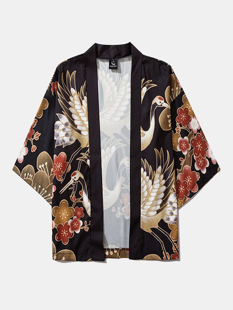 Herre Japansk Kimono Crane Blomster Med Tryk Åben Front & Bukser Co-ords