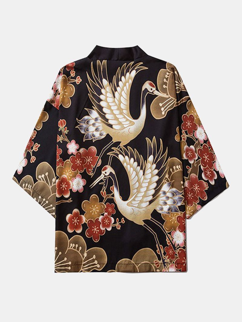 Herre Japansk Kimono Crane Blomster Med Tryk Åben Front & Bukser Co-ords