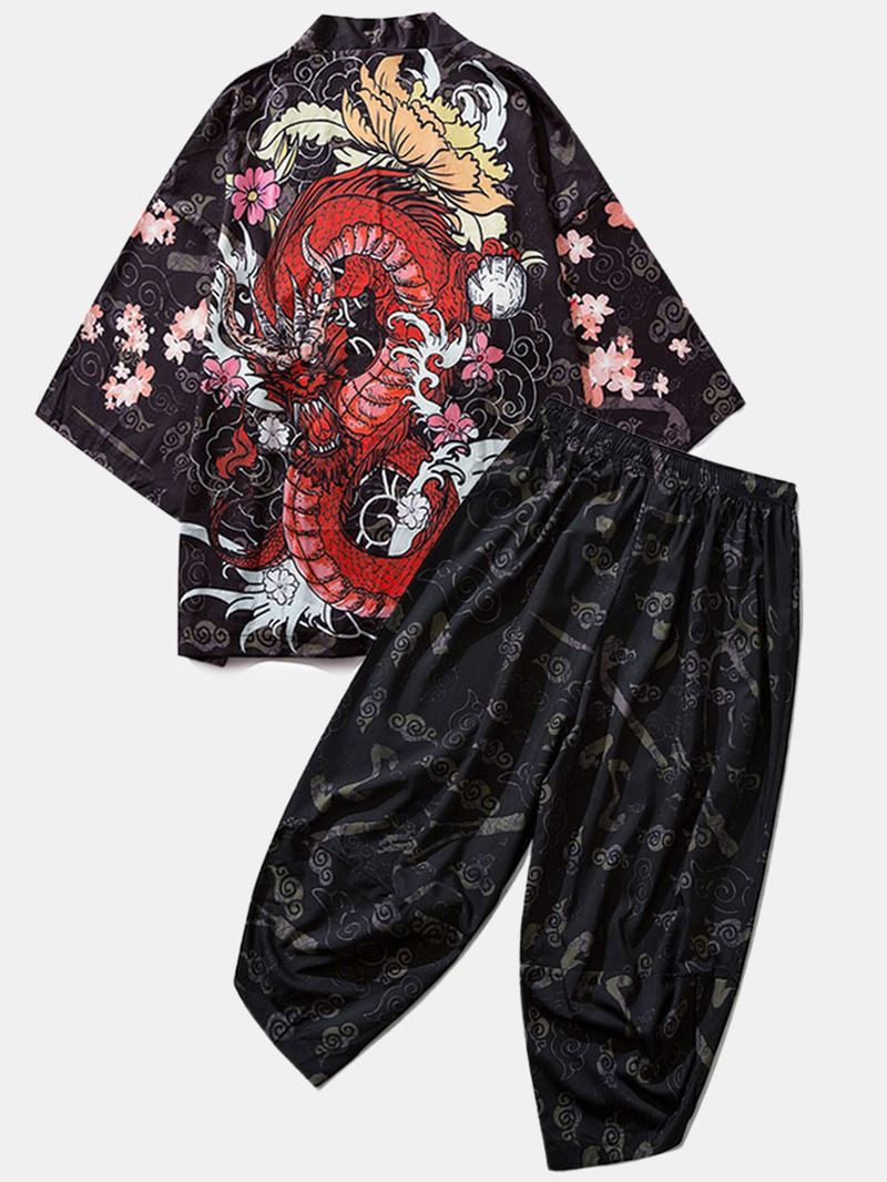 Herre Kimono Etnisk Stil Loong Gragon Med Tryk Elastisk Talje To Stykke Outfits