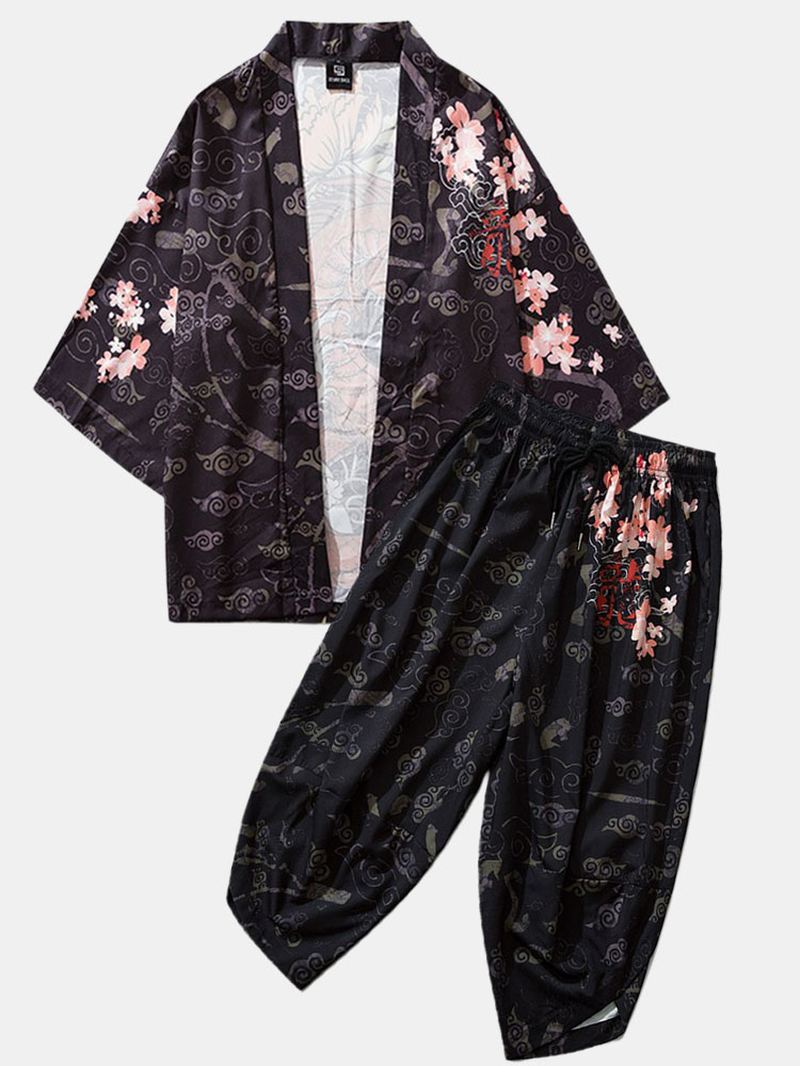 Herre Kimono Etnisk Stil Loong Gragon Med Tryk Elastisk Talje To Stykke Outfits