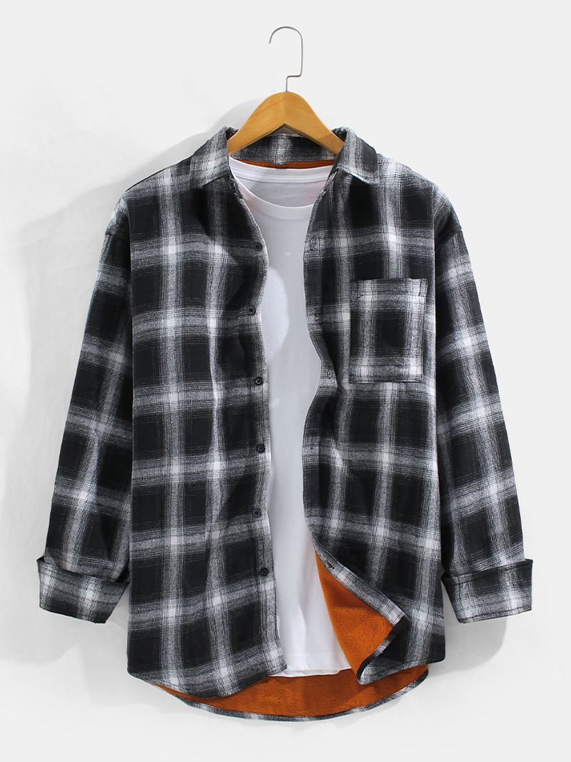 Herre Plaid Button Up Varme Tykkere Skjorter Med Brystlomme