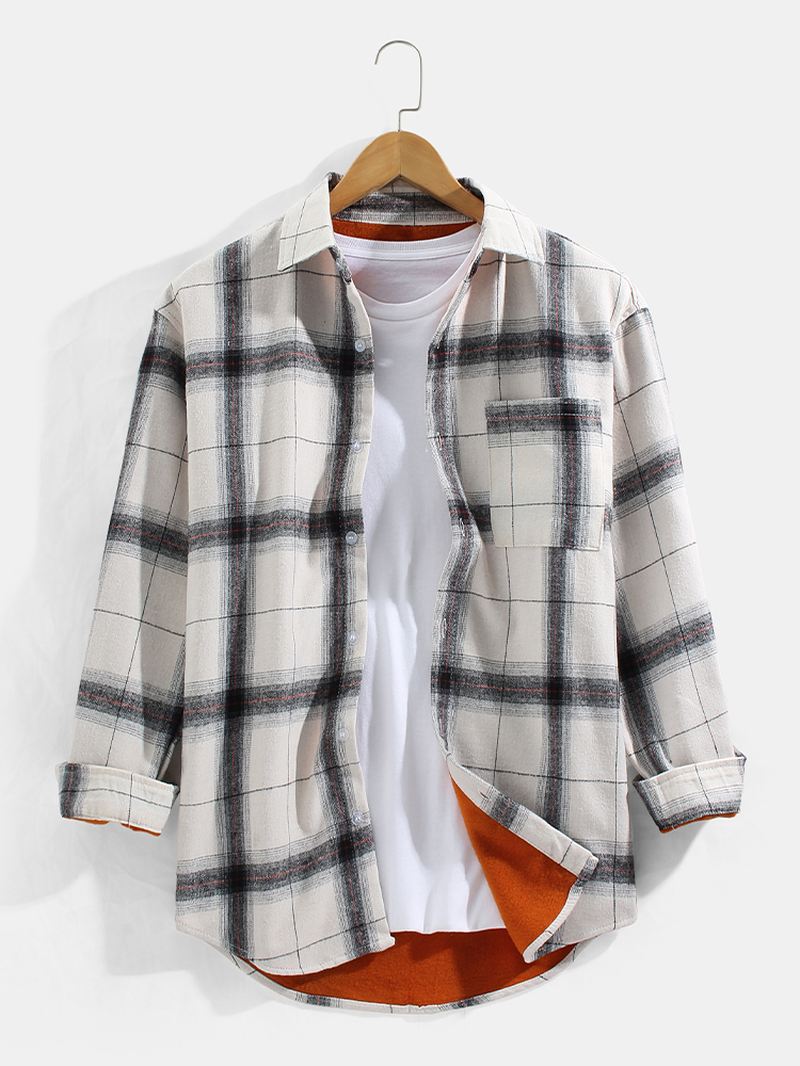 Herre Plaid Button Up Varme Tykkere Skjorter Med Brystlomme