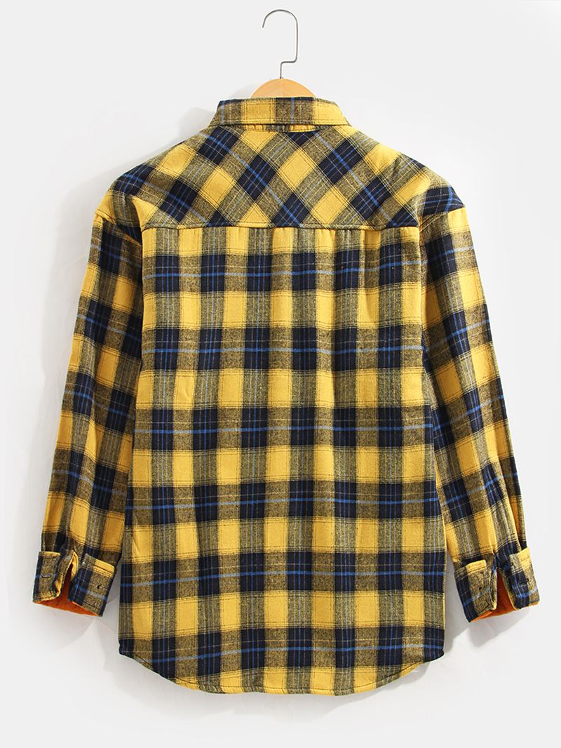 Herre Simple Plaid Thicken Button Up Pocket Langærmede Skjorter