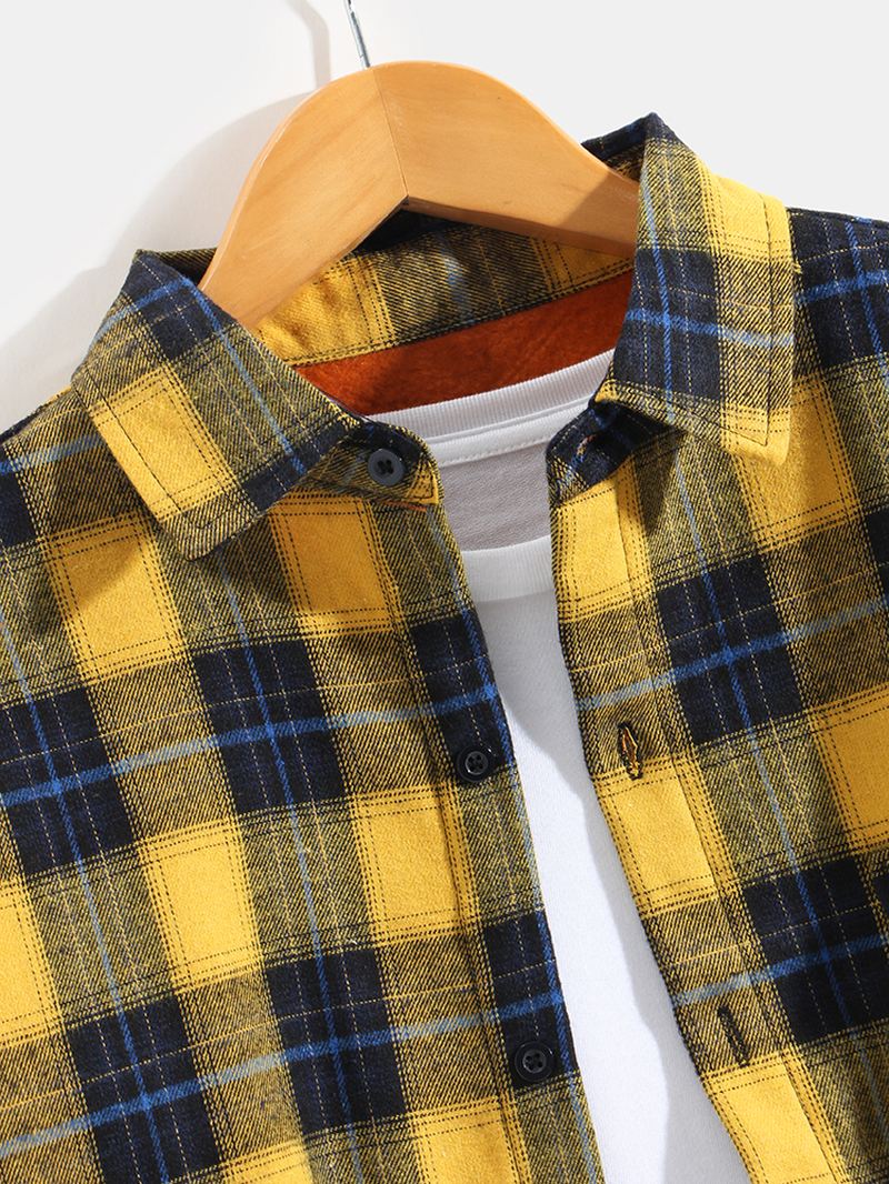 Herre Simple Plaid Thicken Button Up Pocket Langærmede Skjorter