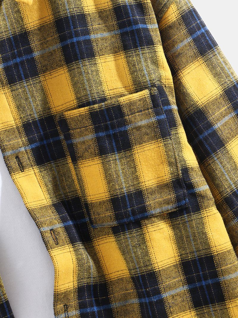 Herre Simple Plaid Thicken Button Up Pocket Langærmede Skjorter