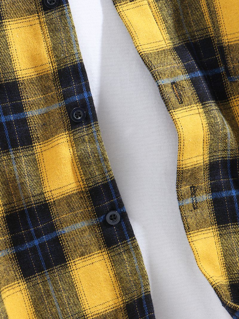 Herre Simple Plaid Thicken Button Up Pocket Langærmede Skjorter