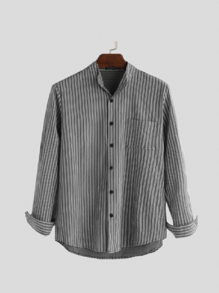 Herre Skjorter Uden Krave Vintage Stribet Skjorte Bedstefar Button Down Linned Løs Top