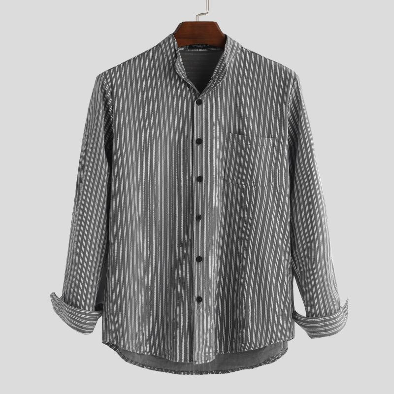 Herre Skjorter Uden Krave Vintage Stribet Skjorte Bedstefar Button Down Linned Løs Top