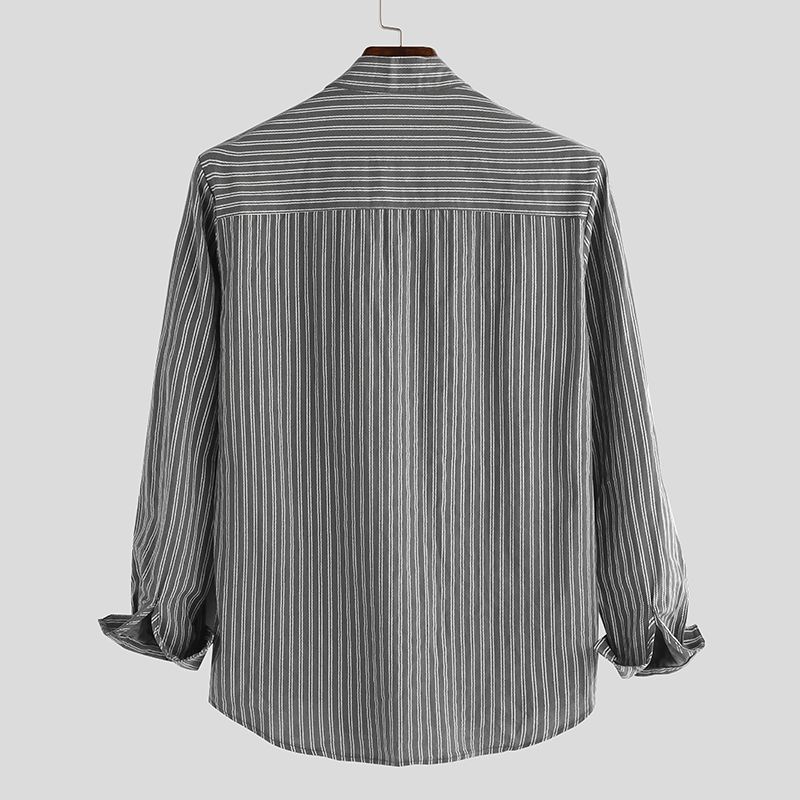 Herre Skjorter Uden Krave Vintage Stribet Skjorte Bedstefar Button Down Linned Løs Top