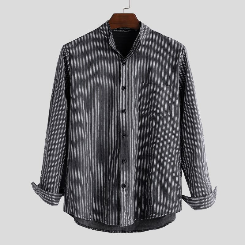 Herre Skjorter Uden Krave Vintage Stribet Skjorte Bedstefar Button Down Linned Løs Top