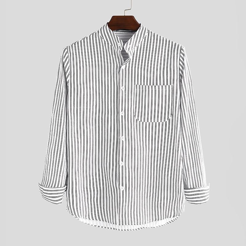 Herre Skjorter Uden Krave Vintage Stribet Skjorte Bedstefar Button Down Linned Løs Top