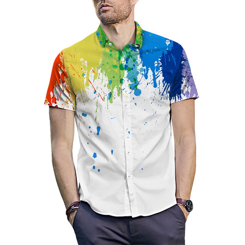 Herre Splash Ink Akvarel Med Tryk Kortærmede Beach Party Business Casual Skjorter