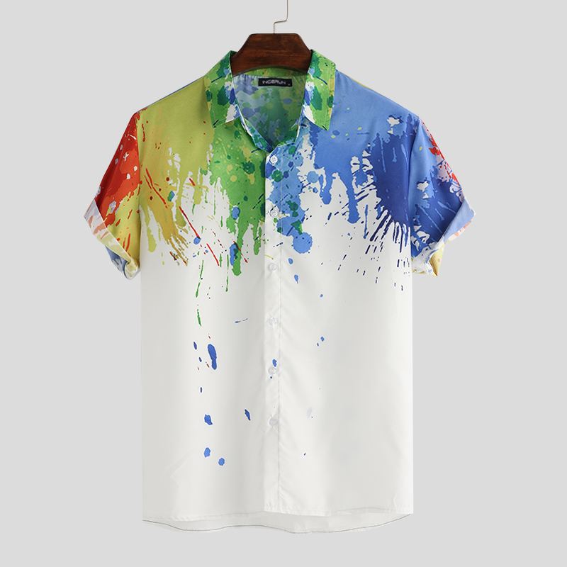 Herre Splash Ink Akvarel Med Tryk Kortærmede Beach Party Business Casual Skjorter