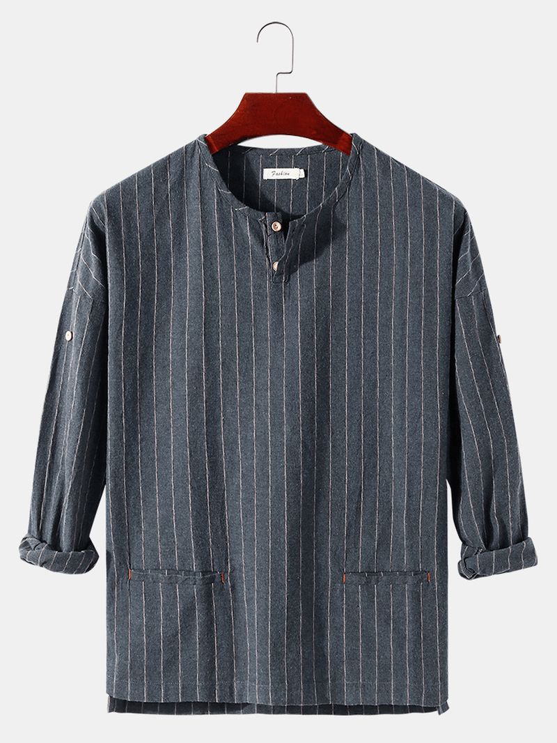 Herre Stripe Halv Åben Krave Dobbelt Pocket Casual Henley Skjorter