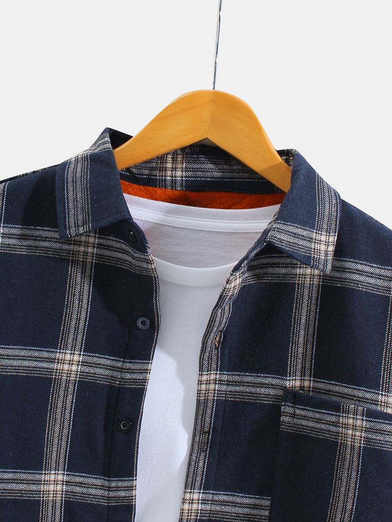 Herre Thicken Vintage Plaid Langærmede Varmforede Vintage Skjorter