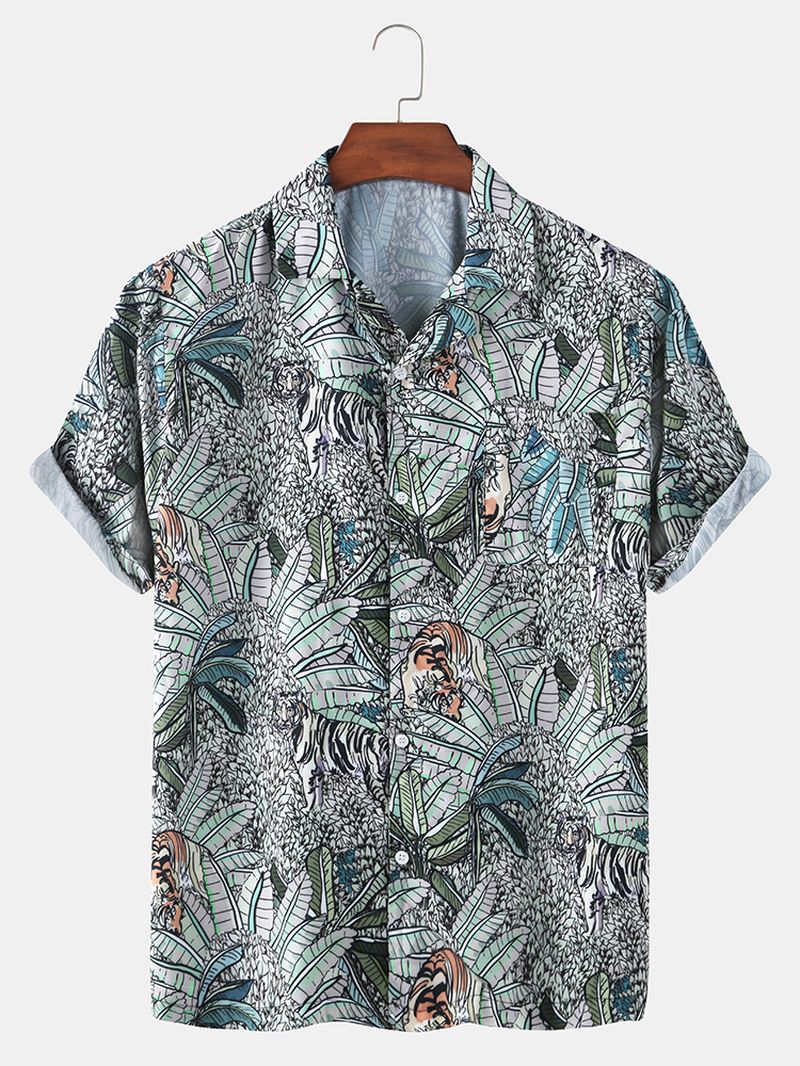 Herre Tropical Leaves Med Tryk Hawaii Casual Kortærmede Skjorter