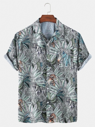 Herre Tropical Leaves Med Tryk Hawaii Casual Kortærmede Skjorter