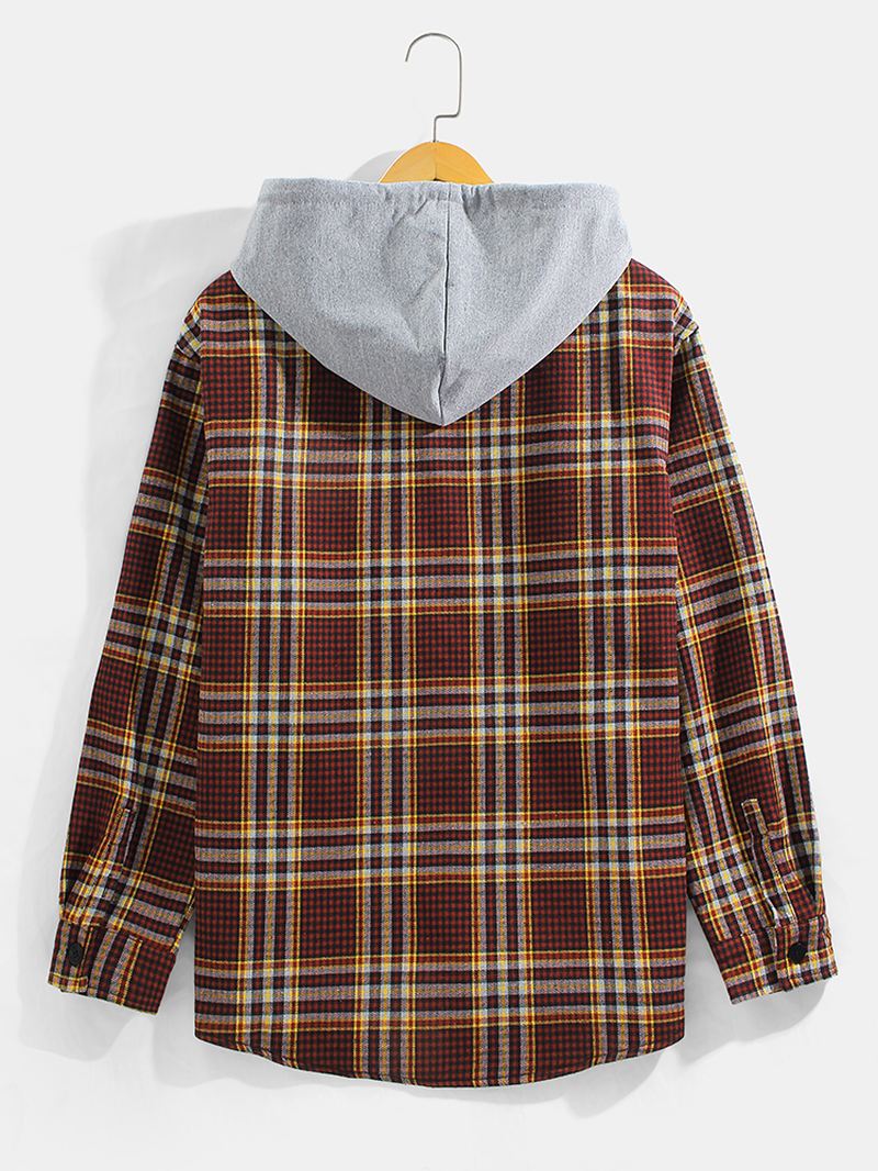 Herre Vintage Plaid Brystlomme Varm Plys Foret Tykke Langærmede Hætteskjorter