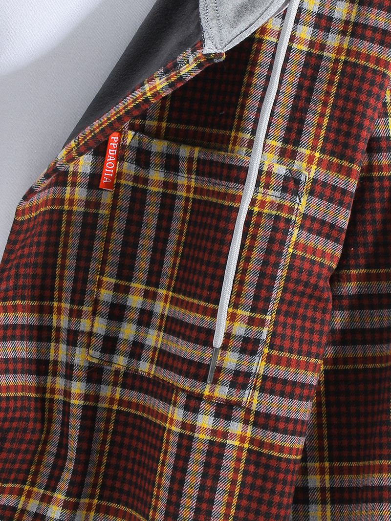 Herre Vintage Plaid Brystlomme Varm Plys Foret Tykke Langærmede Hætteskjorter