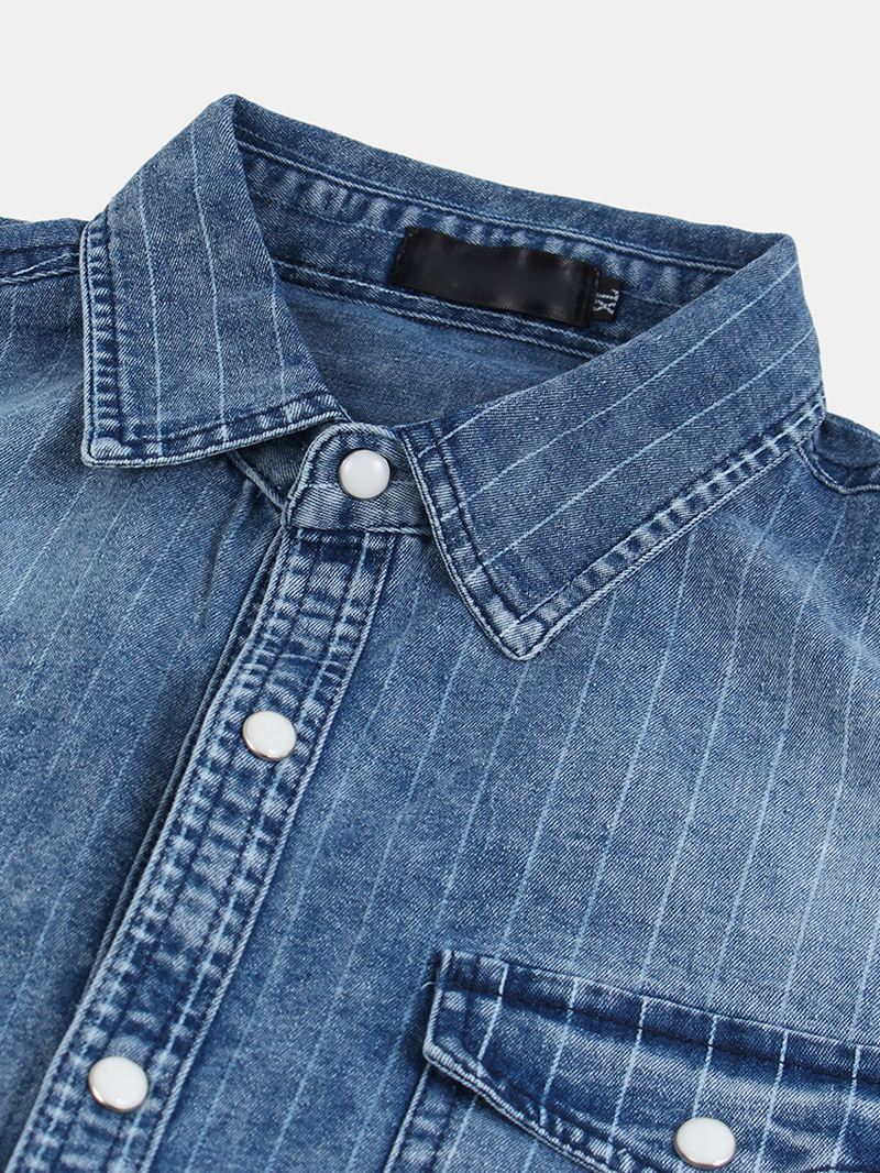 Herre Vintage Stribe Dobbeltlommer Denim Langærmede Fritidsskjorter