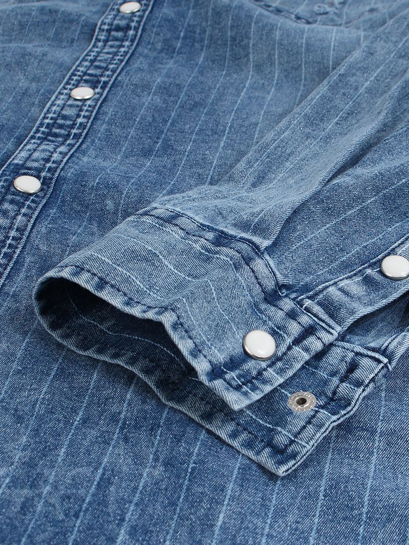 Herre Vintage Stribe Dobbeltlommer Denim Langærmede Fritidsskjorter