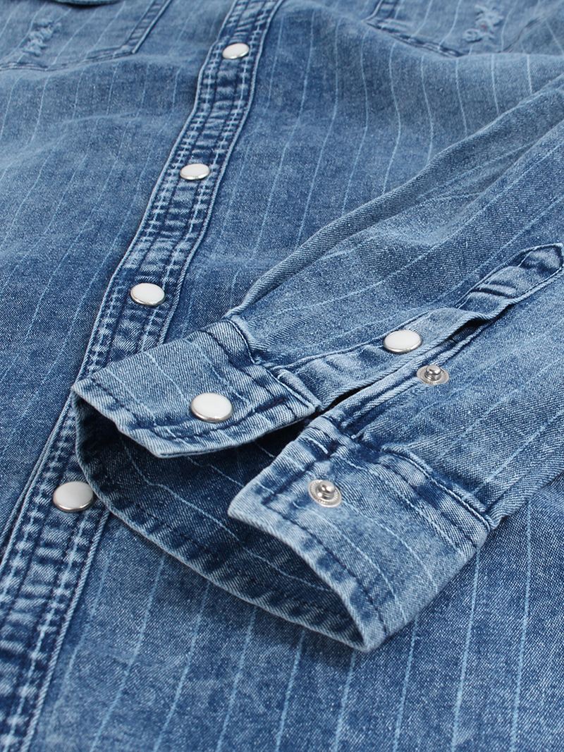 Herre Vintage Stribe Dobbeltlommer Denim Langærmede Fritidsskjorter