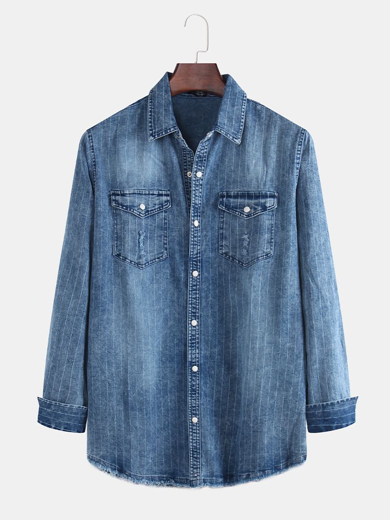 Herre Vintage Stribe Dobbeltlommer Denim Langærmede Fritidsskjorter