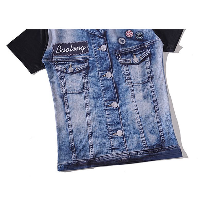 Herremode Kreativ 3d-denimjakke Med Trykte T-shirts Casual O-hals Kortærmede Toppe T-shirts