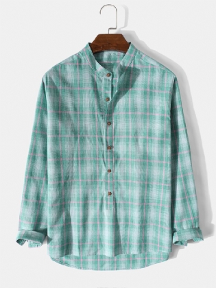 Langærmede Henley-skjorter Til Mænd I 100% Bomuld Plaid-standkrave