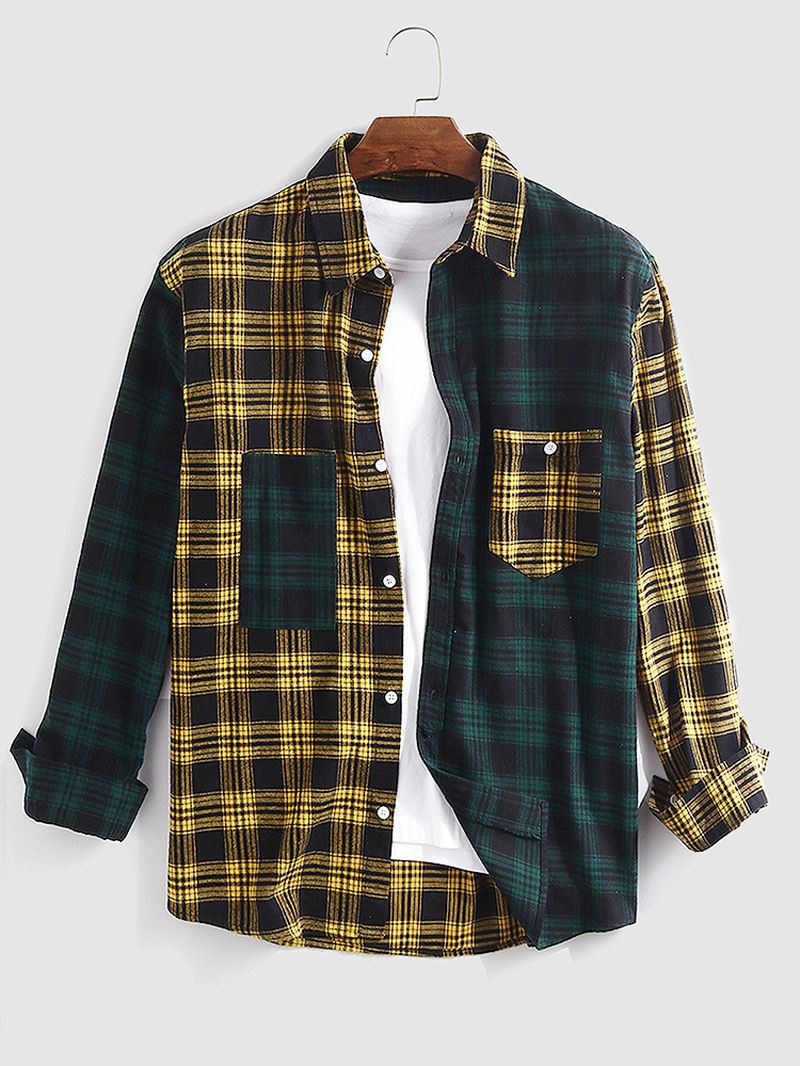 Mænd Bomuld Splejset Plaid Patch Pocket Langærmede Casual Skjorter